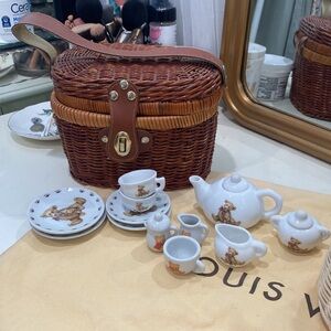 Vintage Basket Mini Picnic Teddy Bear Tea Set